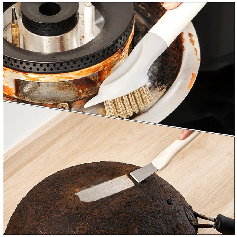 3 In 1 Pot Brush Stove Cleaner With Handle Multifunctional Kitchen Scrubber For Oil Grease Removal Beige - Image 4