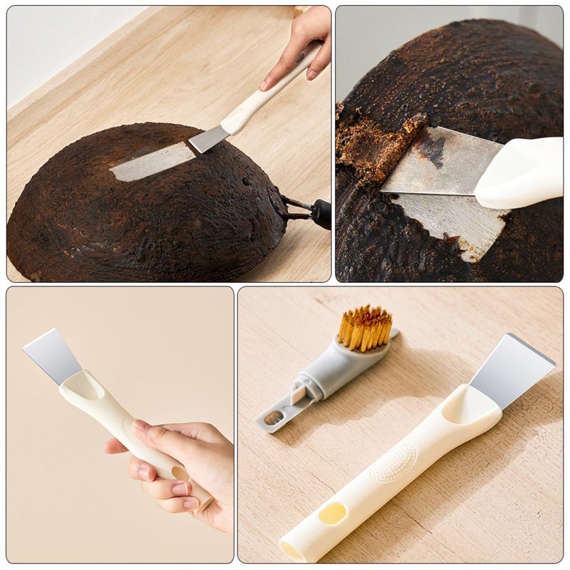 3 In 1 Pot Brush Stove Cleaner With Handle Multifunctional Kitchen Scrubber For Oil Grease Removal Beige - Image 5