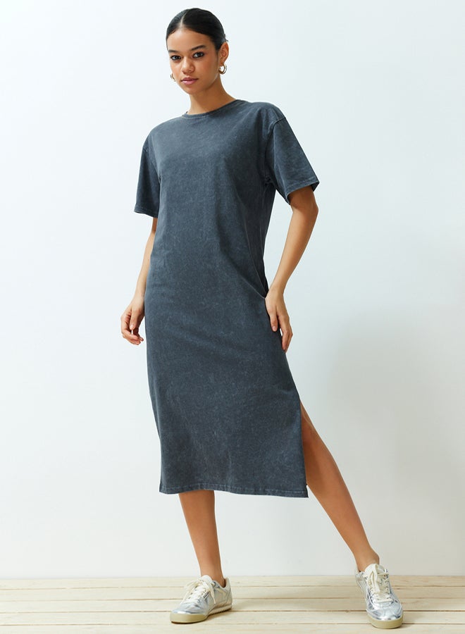 trendyol Anthracite 100% Cotton Distressed Effect Slit Shift/Comfortable Fit Knitted T-shirt Dress  - Image 2