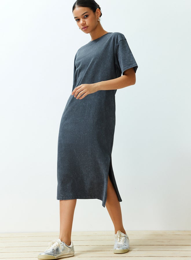 trendyol Anthracite 100% Cotton Distressed Effect Slit Shift/Comfortable Fit Knitted T-shirt Dress  - Image 3