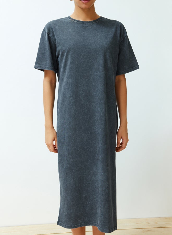 trendyol Anthracite 100% Cotton Distressed Effect Slit Shift/Comfortable Fit Knitted T-shirt Dress  - Image 5