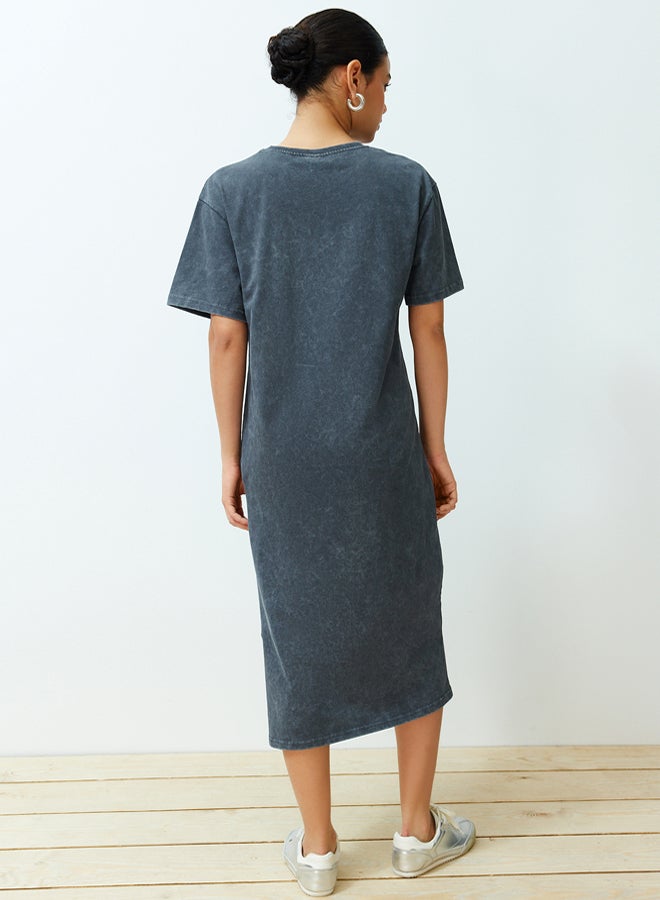 trendyol Anthracite 100% Cotton Distressed Effect Slit Shift/Comfortable Fit Knitted T-shirt Dress  - Image 4