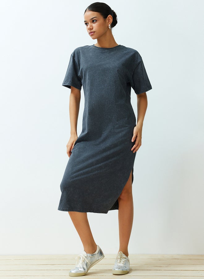 trendyol Anthracite 100% Cotton Distressed Effect Slit Shift/Comfortable Fit Knitted T-shirt Dress  - Image 1
