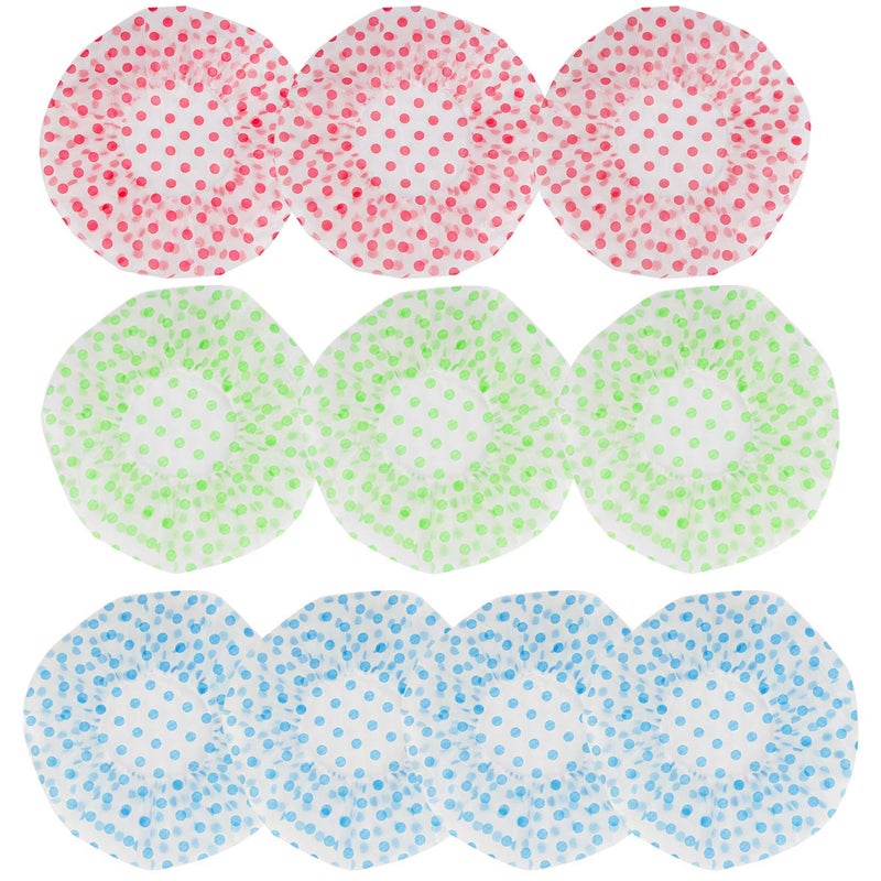 FEBSNOW 10 PCs Waterproof Dots Plastic Shower Caps for Women EVA Reusable Elastic Bath Hat Green Blue Pink  - Image 1