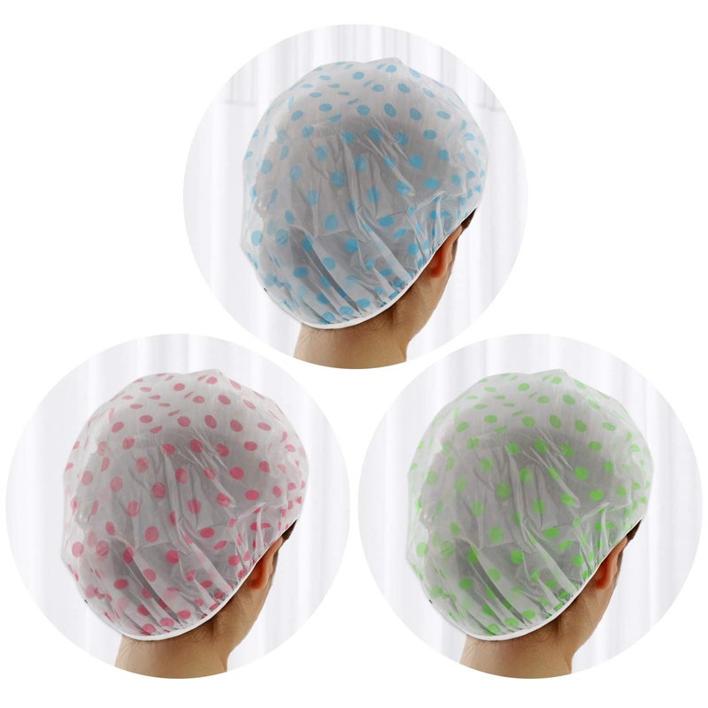 FEBSNOW 10 PCs Waterproof Dots Plastic Shower Caps for Women EVA Reusable Elastic Bath Hat Green Blue Pink  - Image 2