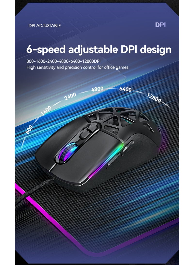 T-WOLF G520 RGB gaming mouse, 6 adjustable DPI up to 12800, 13 RGB backlights, magnetic back cover, ultra precision sensor - Image 3