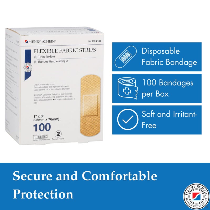 Henry Schein Sterile Adhesive Fabric Bandages, 1" x 3" â€“ Box of 100 Flexible, Breathable Strips â€“ Soft, Stretchable Wound Covers for First Aid, Medical Use, Clinics & Emergency Kits - Image 3