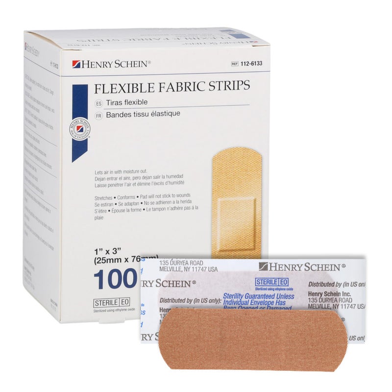 Henry Schein Sterile Adhesive Fabric Bandages, 1" x 3" â€“ Box of 100 Flexible, Breathable Strips â€“ Soft, Stretchable Wound Covers for First Aid, Medical Use, Clinics & Emergency Kits - Image 1