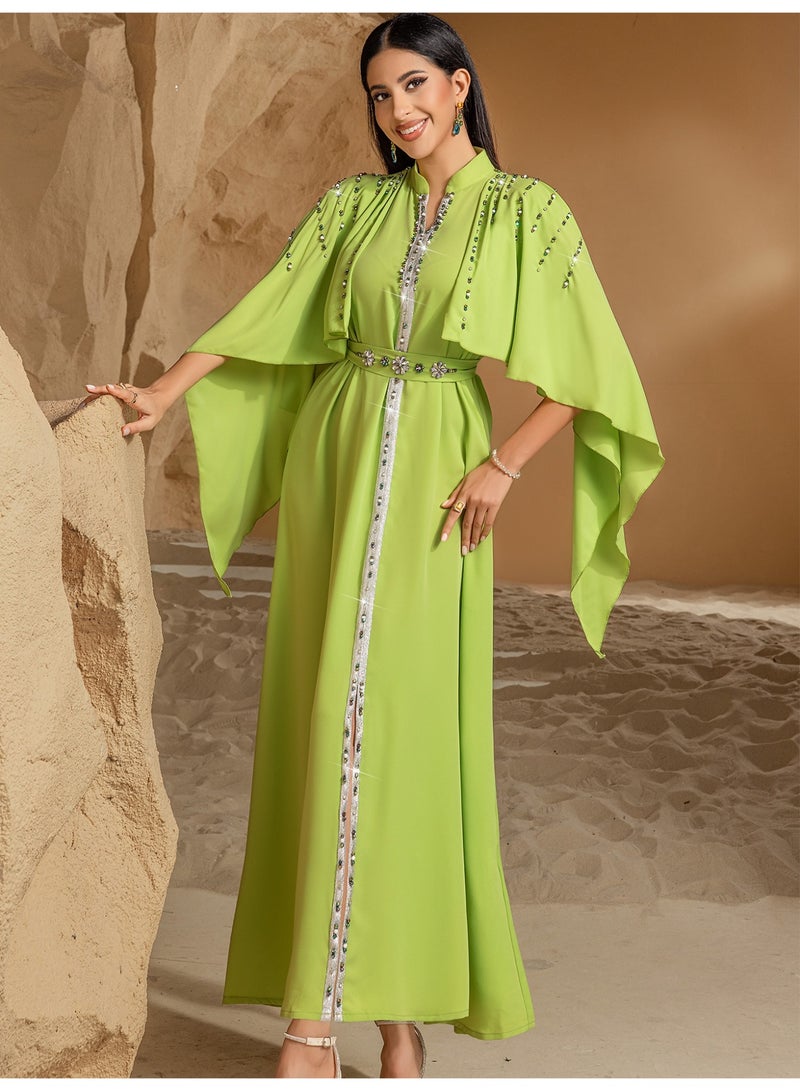 Women Mandarin Collar Cape Sleeve Abaya Dress Hand Sewn Rhinestone Belted Maxi Dress - Image 3