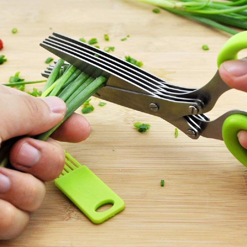 XVIA Vegetables Cutting Scissor Multipurpose Kitchen Herb Scissors Stainless Steel 5 Blade Scissors Cut Herb Spices Cooking Tools Vegetable CutteMulticolour Pack of 1 - Image 3