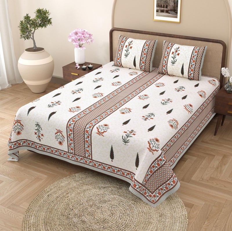 EasyGoods® 100% Pure Cotton Rajasthani Jaipuri Sanganeri Print Double Bedsheet with 2 Pillow Covers|Gulmohar Bedsheet for Double Bed King Size|240 TC Premium Printed Flat BedSheet (91x106 Inch,Orange) - Image 1