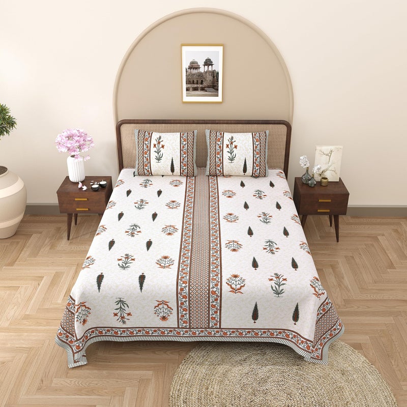 EasyGoods® 100% Pure Cotton Rajasthani Jaipuri Sanganeri Print Double Bedsheet with 2 Pillow Covers|Gulmohar Bedsheet for Double Bed King Size|240 TC Premium Printed Flat BedSheet (91x106 Inch,Orange) - Image 3