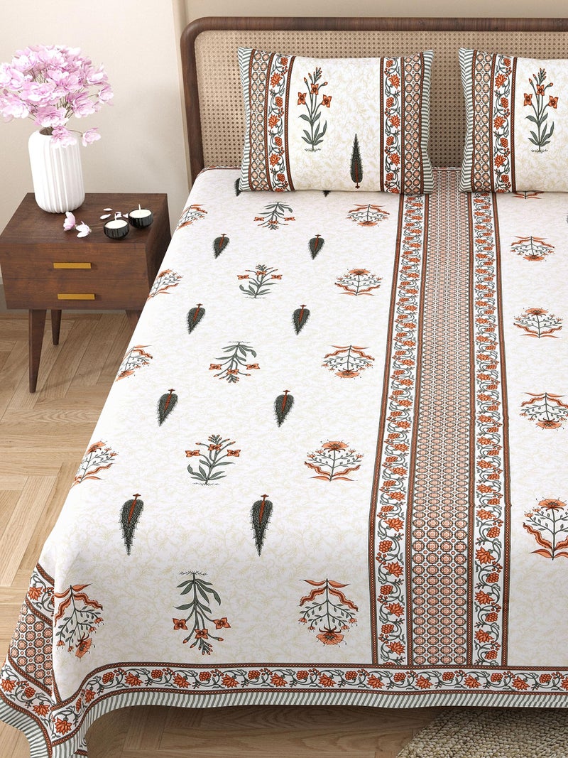 EasyGoods® 100% Pure Cotton Rajasthani Jaipuri Sanganeri Print Double Bedsheet with 2 Pillow Covers|Gulmohar Bedsheet for Double Bed King Size|240 TC Premium Printed Flat BedSheet (91x106 Inch,Orange) - Image 2