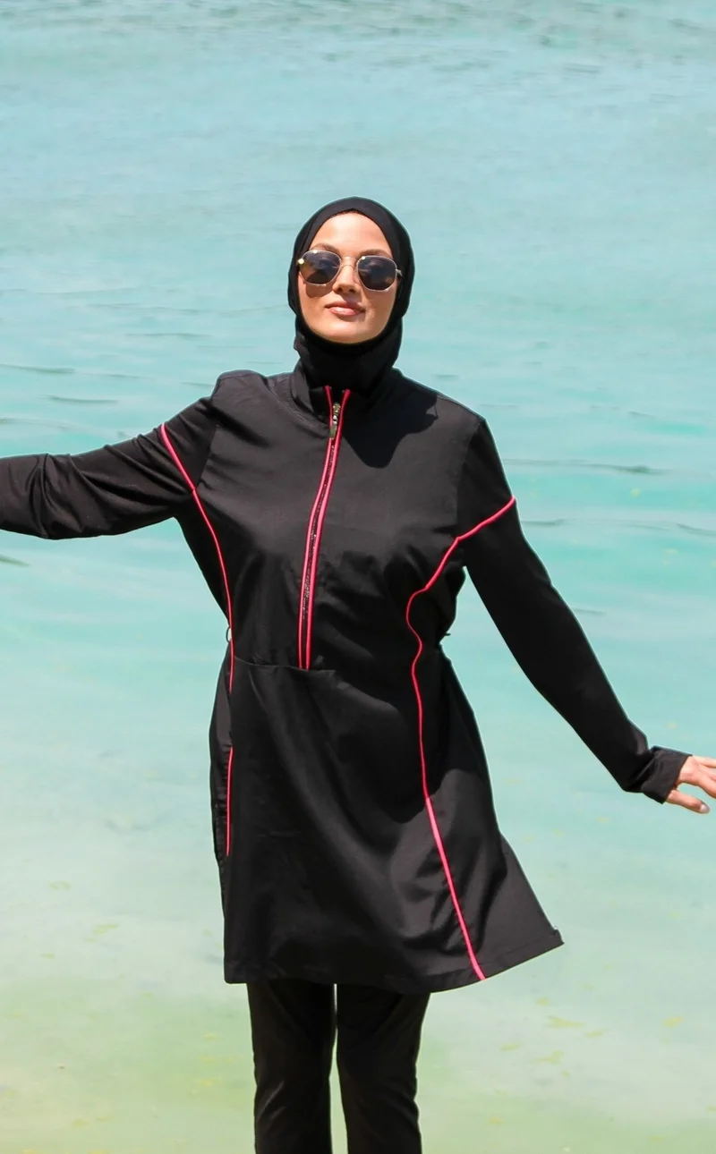 مارينا Black Women's Piping Detailed Design Hijab Swimsuit M2271