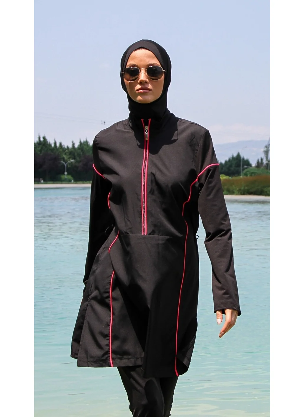 مارينا Black Women's Piping Detailed Design Hijab Swimsuit M2271