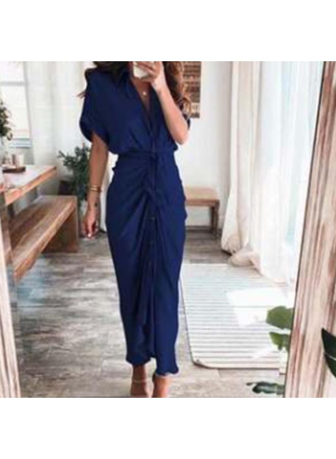 European And American Women's Summer New Short-sleeved Elegant Commuter High Waist Printed Long Dress