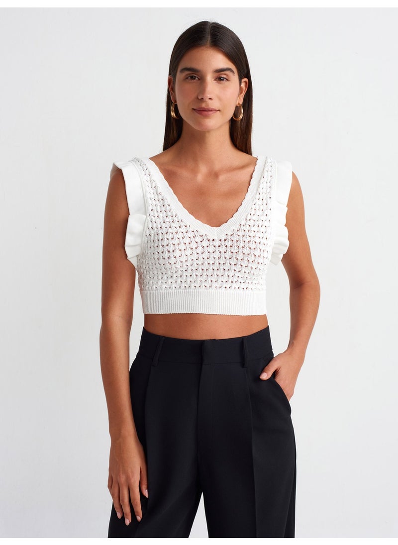 Dilvin 10546 V-Neck Ruffled Tie Back Knitwear Crop-Ecru  - Image 1