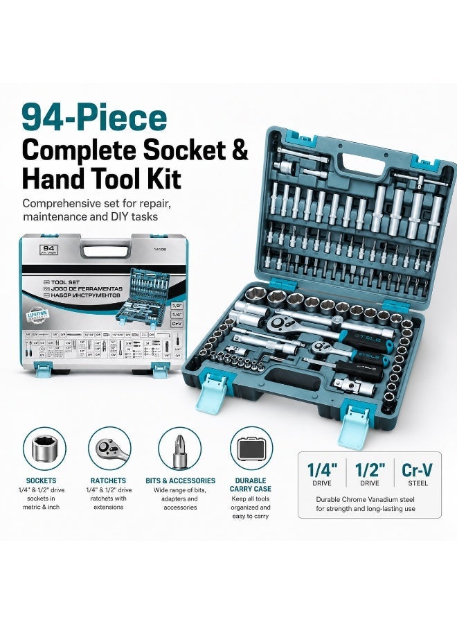 STELS 94 Piece Socket Tool Set with 1/4 Inch & 1/2 Inch Drive Ratchets, CR-V Sockets, Extension Bars, Bits, Universal Joint and Carry Case - Image 2