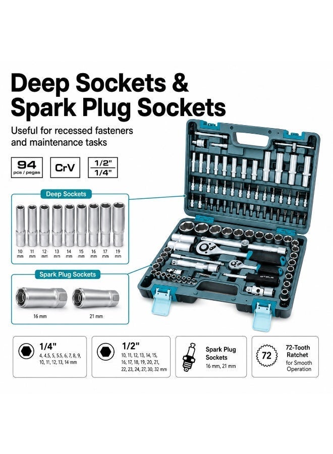 STELS 94 Piece Socket Tool Set with 1/4 Inch & 1/2 Inch Drive Ratchets, CR-V Sockets, Extension Bars, Bits, Universal Joint and Carry Case - Image 3