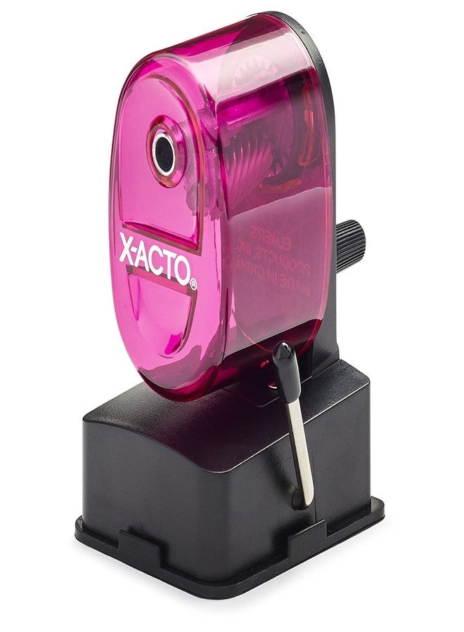 X-Acto 2012687-PNK Bulldog Vacuum Wall Mount Manual Pencil Sharpener, Pink, See-through Receptacle, Affix to Any Nonporous Surface, X-ACTO Hardened Helical Cutter - Image 1