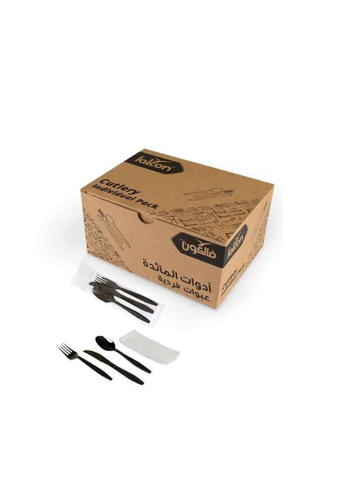 Falconpack Individual Black Cutlery Set, Spoon Fork Knife  Napkin (1 Pack x 25 Pieces)  - Image 1