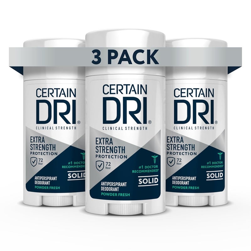 CERTAIN DRI Certain Dri Extra Strength Clinical Antiperspirant Solid Deodorant, Hyperhidrosis Treatment for Men & Women, Long-Lasting 72hr Protection, Effective Sweat Control, Powder Fresh Scent, 1.7oz, 3 Pack 