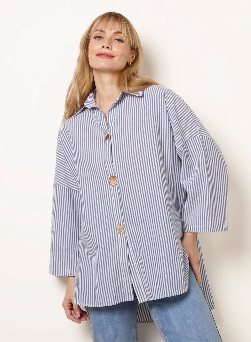بلو فانيلا Gold Shell Button Front Stripe Shirt