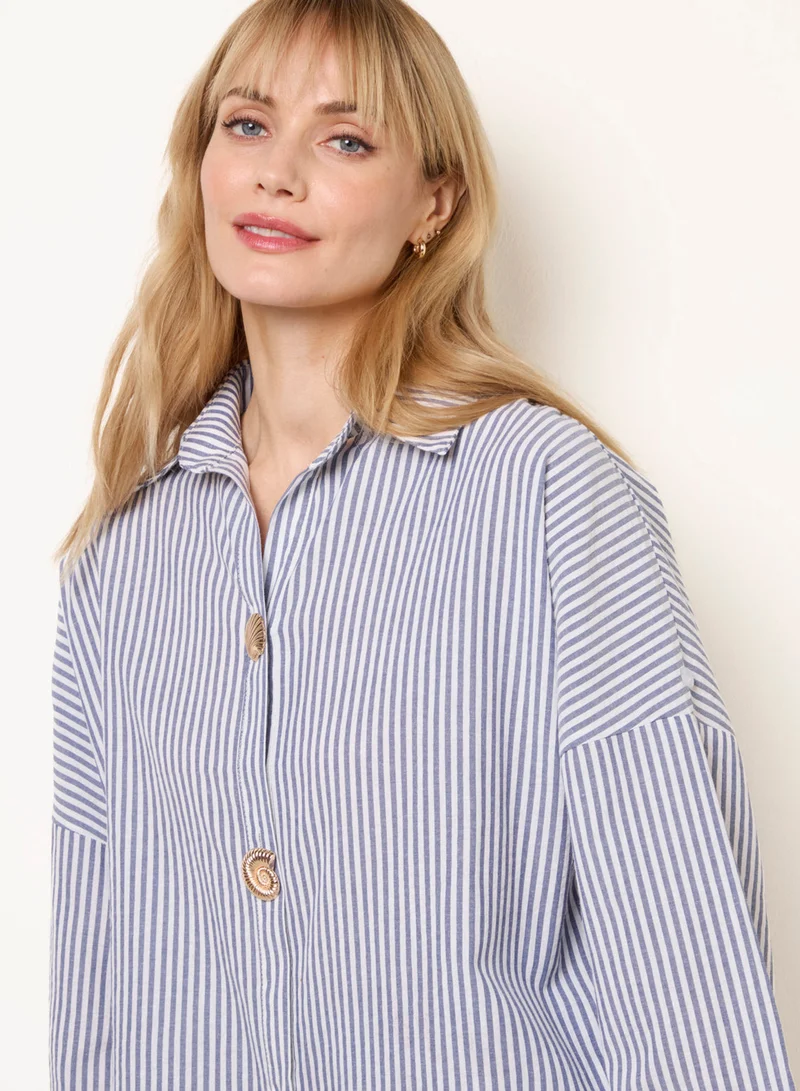 بلو فانيلا Gold Shell Button Front Stripe Shirt