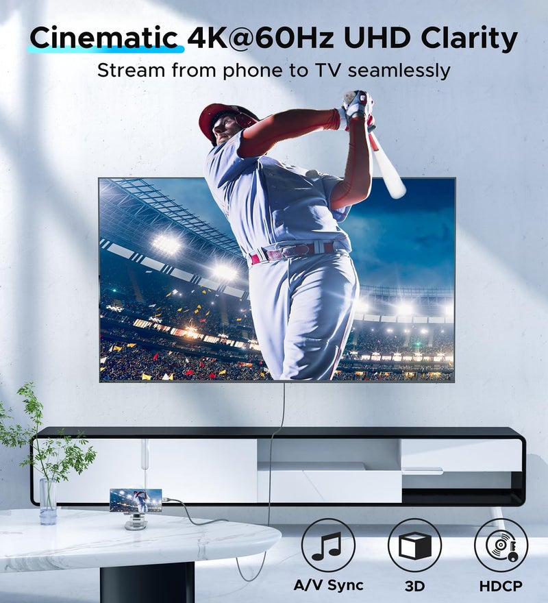 Warrky كابل WARRKY USB C إلى HDMI 4K 60Hz [موصلات مطلية بالذهب مضادة للتداخل] كابل ألومنيوم من نوع C إلى HDMI 2.0، متوافق مع Thunderbolt 3/4/5 لجهاز iPhone 15/16، MacBook، iMac، iPad Pro، Galaxy، Surface - Image 2
