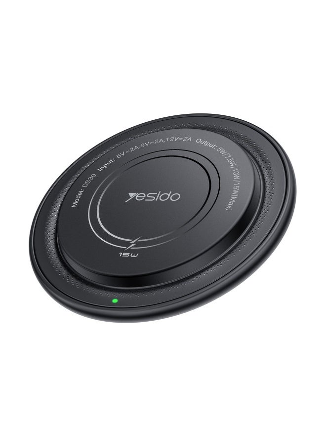 YESIDO DS39 15W Magnetic Wireless Charger Round Desktop Fast Charging Pad for Smartphone Earbuds - Black - Image 1