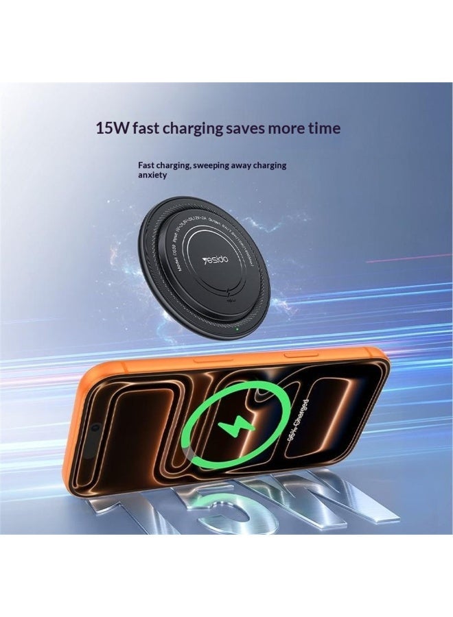 YESIDO DS39 15W Magnetic Wireless Charger Round Desktop Fast Charging Pad for Smartphone Earbuds - Black - Image 4