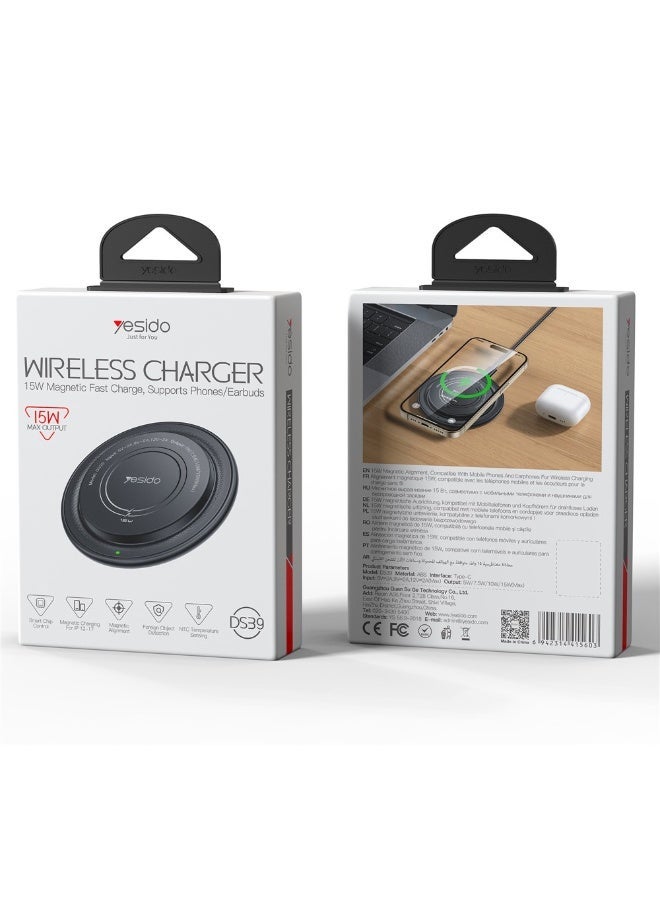 YESIDO DS39 15W Magnetic Wireless Charger Round Desktop Fast Charging Pad for Smartphone Earbuds - Black - Image 2