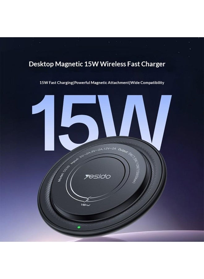 YESIDO DS39 15W Magnetic Wireless Charger Round Desktop Fast Charging Pad for Smartphone Earbuds - Black - Image 3