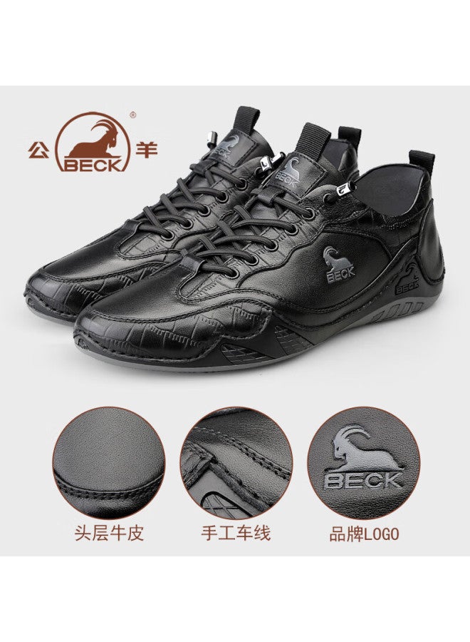 Gongyang Men's Casual Shoes, Genuine Leather Sneakers, Comfortable Soft-soled Leather Shoes, Versatile Footwear For Men, Dexun Style, Black, Size 44