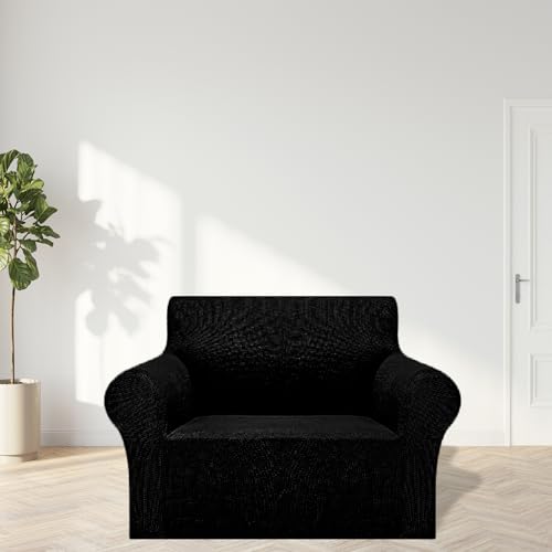 Cupuamon 2025 New Stretch Chair Sofa Slipcovers Couch Cover for 1 Seater Furniture Protector Sofa Covers with Elastic Bottom Jacquard Fabric Small Checks for Pets, Kids - Black - Image 3