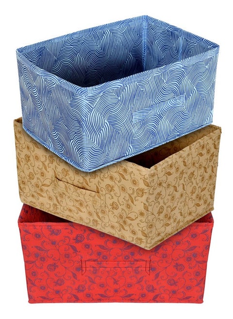 Kuber Industries Laheriya Metallic Print Rectangular Non Woven Fabric Modular Closet Organizer Box with Handle (Blue & Red & Beige, KUBMART15999, 42 x 29 x 22 cm), Set of 3