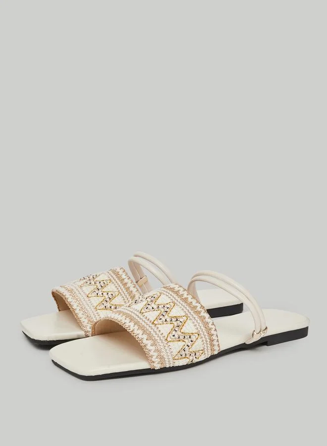 Take Two White Embroidered Slip-On Flat Sandals