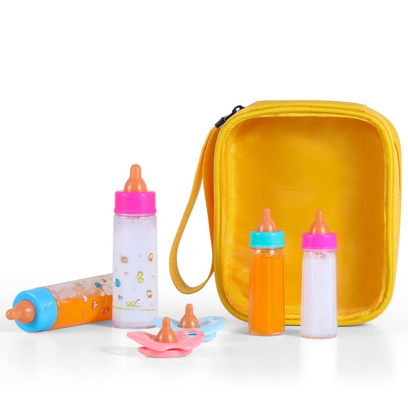 Kaydora Baby Doll Bottle Accessories - 6 Pcs Feeding Bottle Toys, Magic Disappearing Milk & Juice, Pretend Play Set with Pacifiers Kids Gift Yellow - Image 2