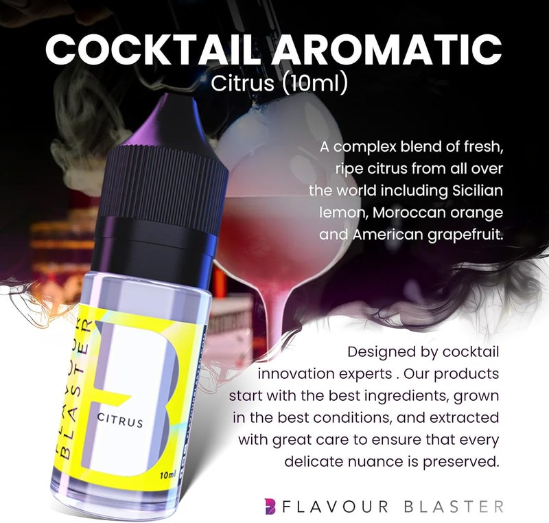 FLAVOUR BLASTER Citrus Aromatic Refill for Cocktail Smoke Bubble Gun - 10ml | Elevate Drinks & Food with Fresh & Sweet Fruit Flavors | 250 Aroma Clouds per Bottle | Vegan, Pure & Natural Ingredients - Image 1