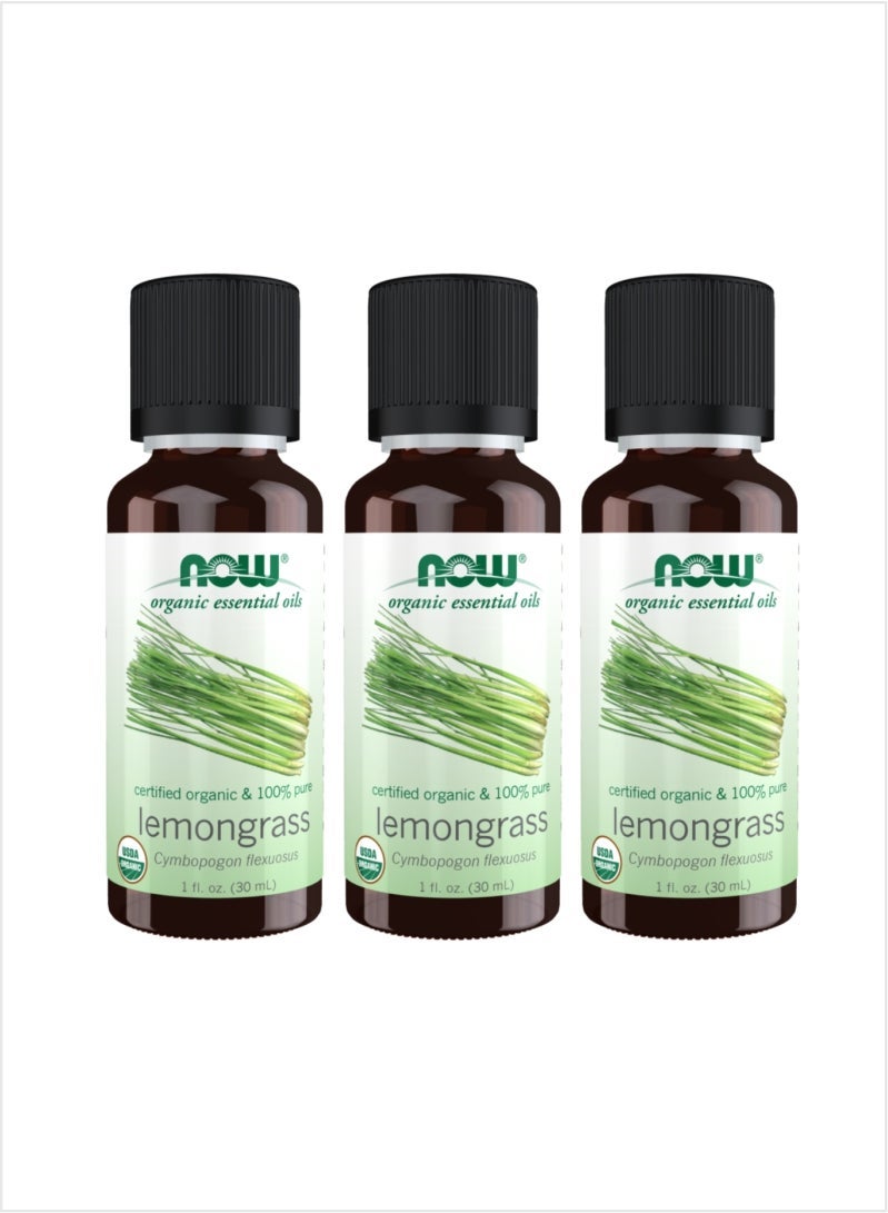 NOW Organic Lemongrass Essential Oil - Refreshing Citrus Scent, 30ml (Pack of 3)