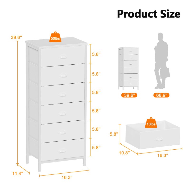 Furnulem White Tall Dresser for Bedroom,Vertical Storage Tower Unit and End Table with 6 Fabric Drawers, Nightstand Furniture with Drawer Organizer in Living Room,Closet,Entryway,Hallyway - Image 3