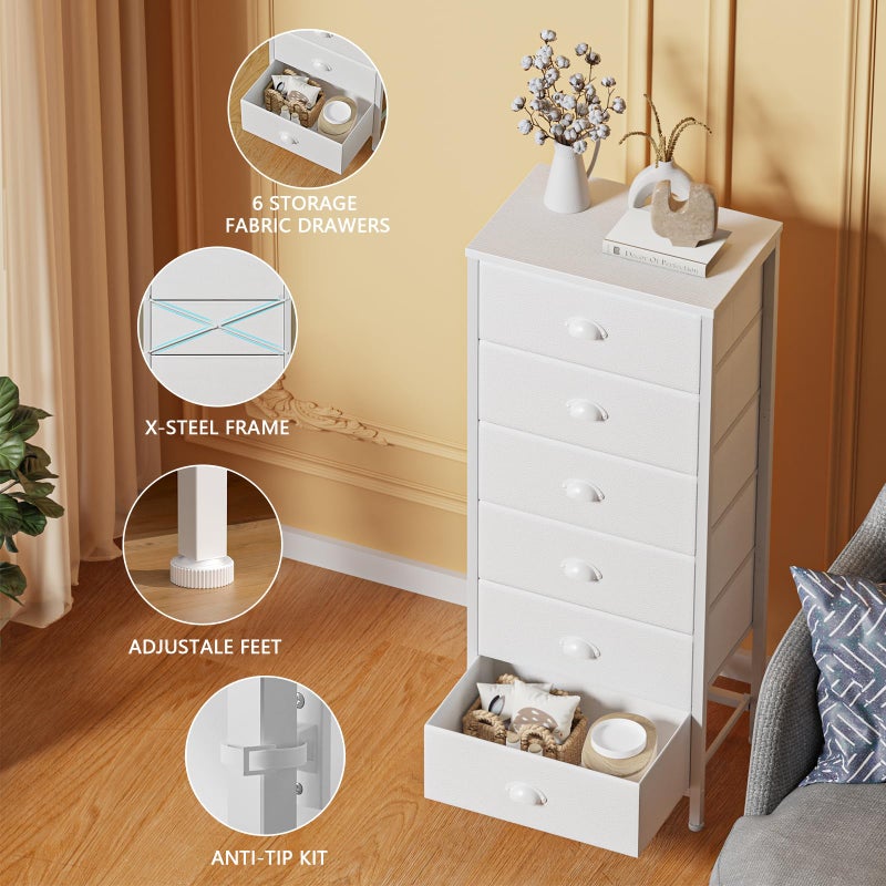 Furnulem White Tall Dresser for Bedroom,Vertical Storage Tower Unit and End Table with 6 Fabric Drawers, Nightstand Furniture with Drawer Organizer in Living Room,Closet,Entryway,Hallyway - Image 5