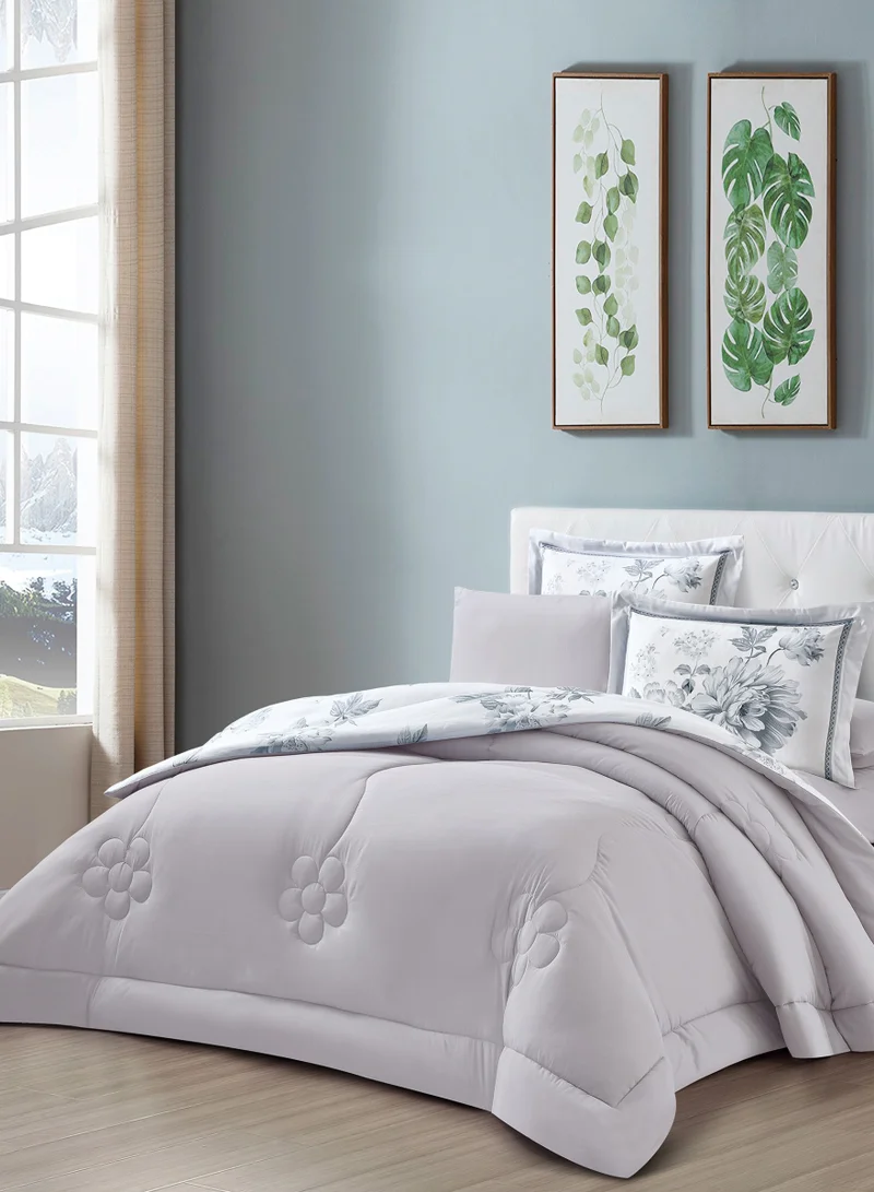 Donetella Comforter Set 6-Pcs King Size Printed Reversible Double Bed FIt 200 x 200 CM All Season Comforter With (350 GSM) Down Alternative Filling, Grey Suit