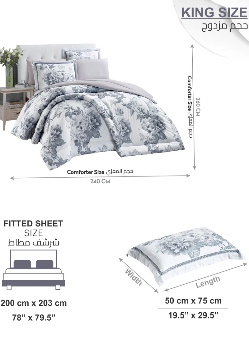 Donetella Comforter Set 6-Pcs King Size Printed Reversible Double Bed FIt 200 x 200 CM All Season Comforter With (350 GSM) Down Alternative Filling, Grey Suit