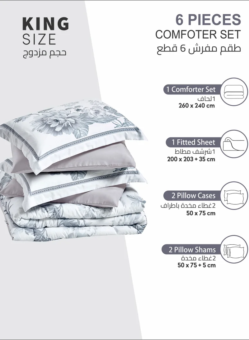 Donetella Comforter Set 6-Pcs King Size Printed Reversible Double Bed FIt 200 x 200 CM All Season Comforter With (350 GSM) Down Alternative Filling, Grey Suit