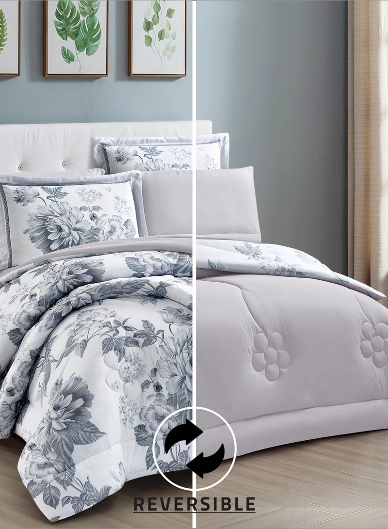 Donetella Comforter Set 6-Pcs King Size Printed Reversible Double Bed FIt 200 x 200 CM All Season Comforter With (350 GSM) Down Alternative Filling, Grey Suit