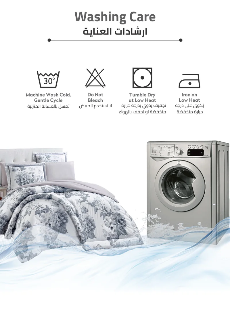 Donetella Comforter Set 6-Pcs King Size Printed Reversible Double Bed FIt 200 x 200 CM All Season Comforter With (350 GSM) Down Alternative Filling, Grey Suit