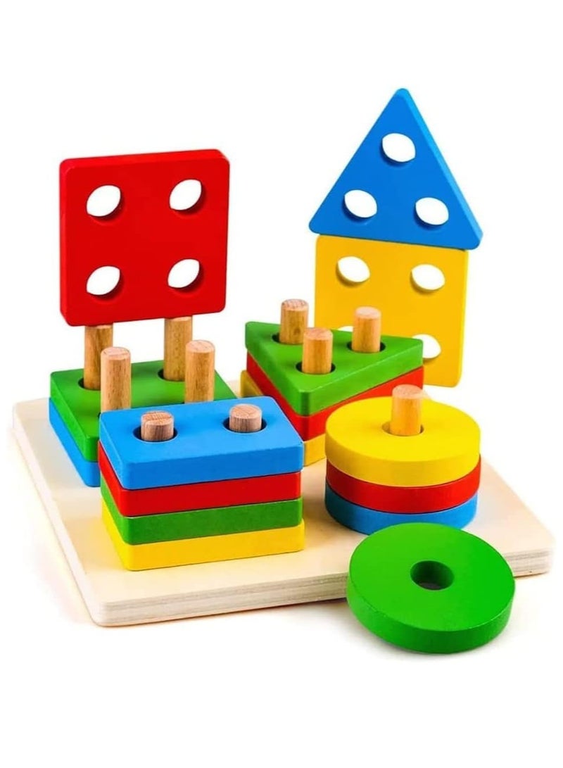 Educational Toys Geometry Shape Sorter Early Childhood Development Preschool Kids Toy Puzzle Game Set Color Recognition Stacker and Shape Sorter Learning Puzzles (4 Shapes Sorter - 16Pcs of Shapes) - Image 1