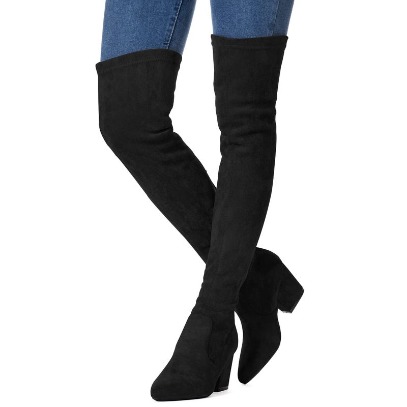 Mtzyoa Women Over The Knee Boots Black Size 9 Winter Suede Block High High Stretch Low OTK Above Knee Pointed Toe - Image 2