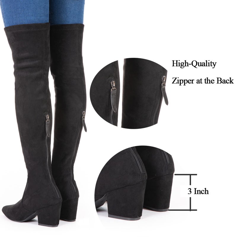 Mtzyoa Women Over The Knee Boots Black Size 9 Winter Suede Block High High Stretch Low OTK Above Knee Pointed Toe - Image 5
